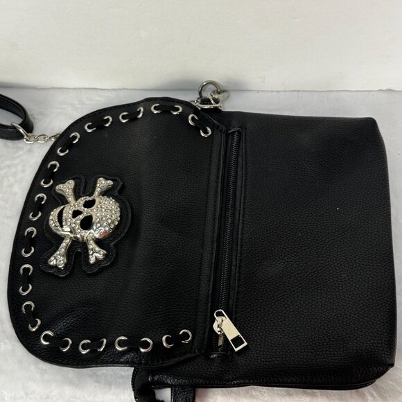 Rhinestone Skull Crossbody Purse Black Faux Leather Studded Goth Punk Biker - Picture 8 of 16